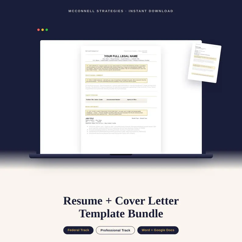Laptop screen displaying the McConnell Strategies Resume plus Cover Letter Template Bundle, showing a federal resume template page beside a smaller cover letter preview, with the bundle title and track badges shown beneath the laptop